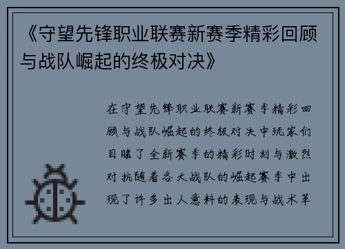 《守望先锋职业联赛新赛季精彩回顾与战队崛起的终极对决》