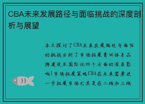 CBA未来发展路径与面临挑战的深度剖析与展望