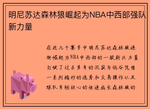 明尼苏达森林狼崛起为NBA中西部强队新力量